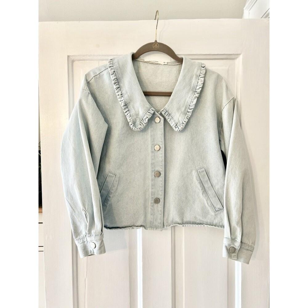 Ellison Oversized Crop Light Wash Denim Jacket Peter Pan Big Ruffle Collar Sz S - Picture 2 of 14